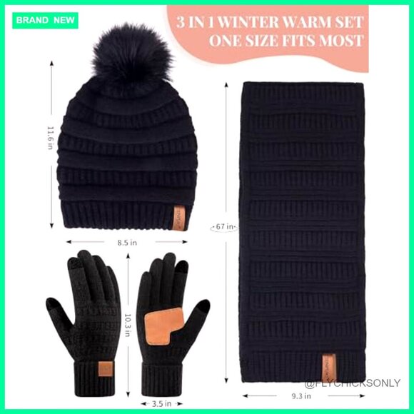 Fleece Lined Winter Beanie Scarf Gloves Set Pom Pom Touchscreen main image 4